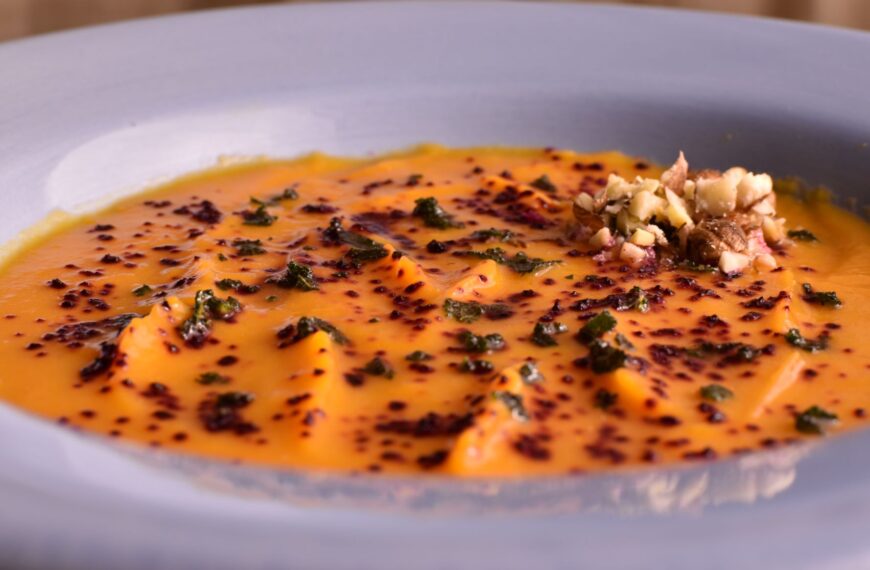 sweet potato soup with fried sage and beetroot powder