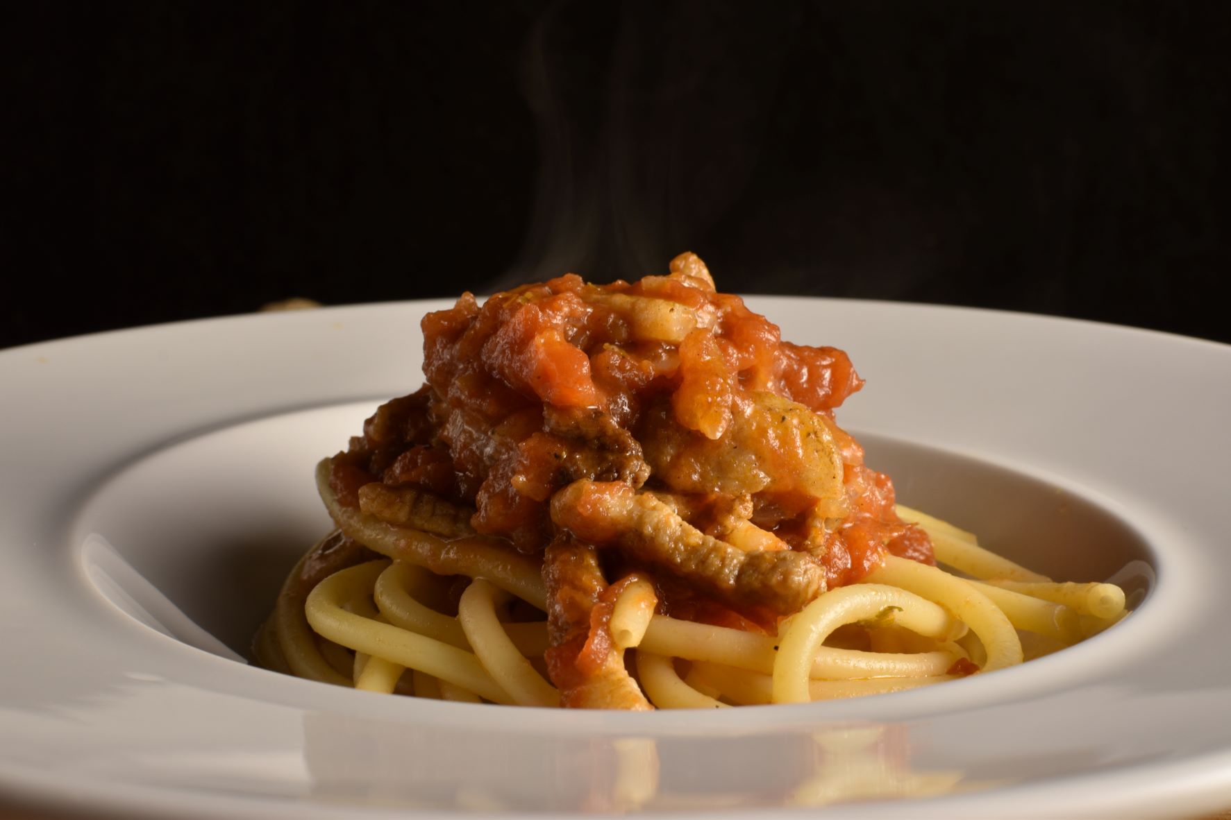 bucatini amatriciana style with fresh pork