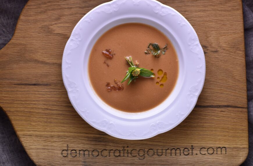 tomato soup with bouquet of fresh herbs