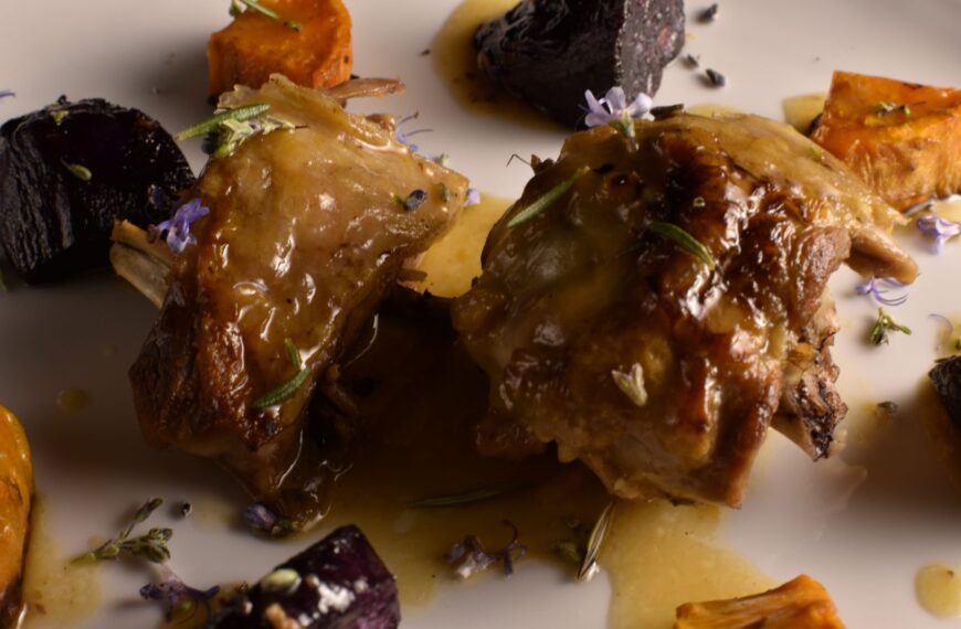 roasted kid shoulder with bicolored sweet potatoes