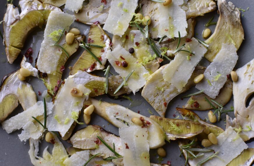 porcini carpaccio with grana, pine nuts, rosemary and rose pepper