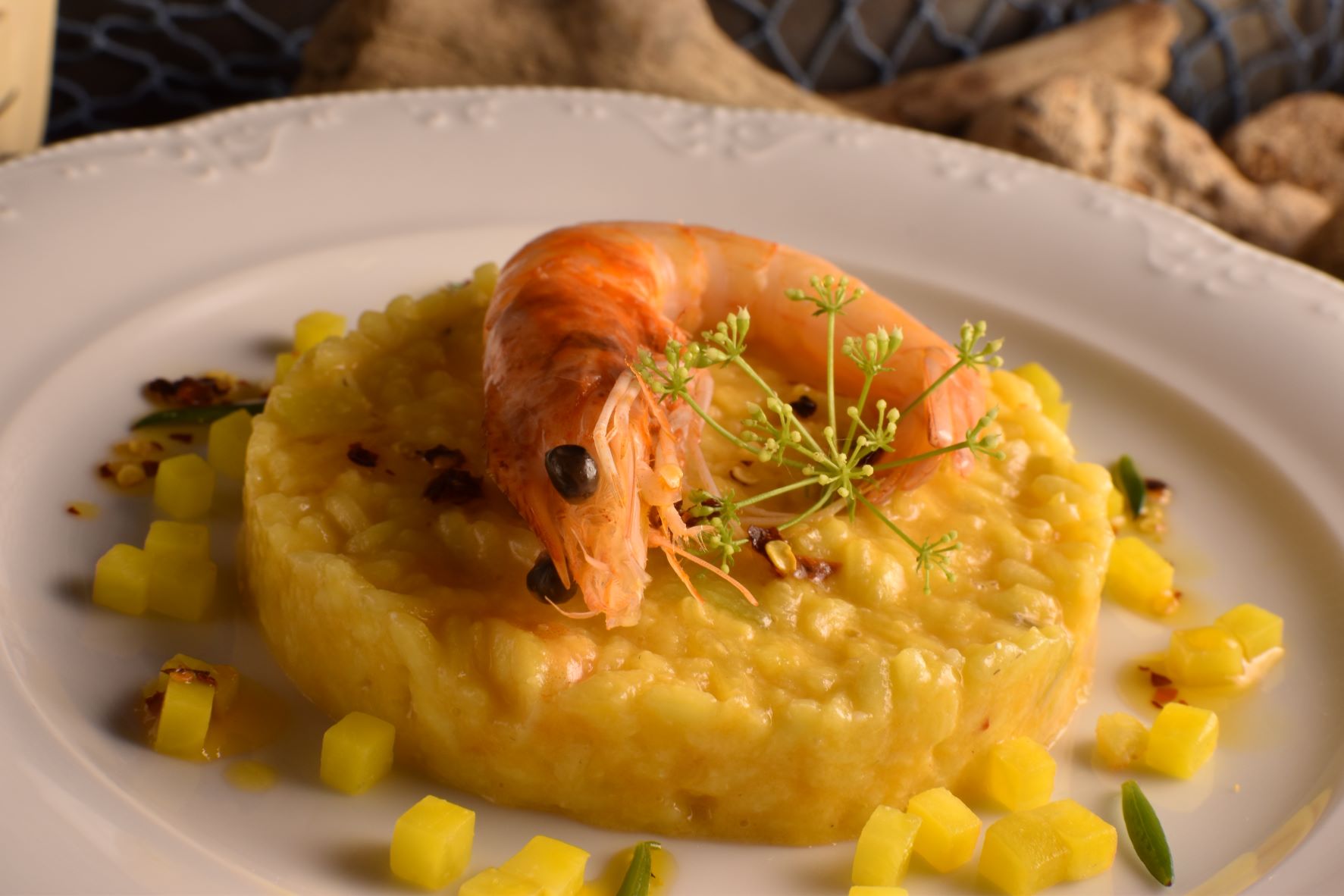 risotto with yellow beetroots, shrimps, peperoncino oil and sea fennel