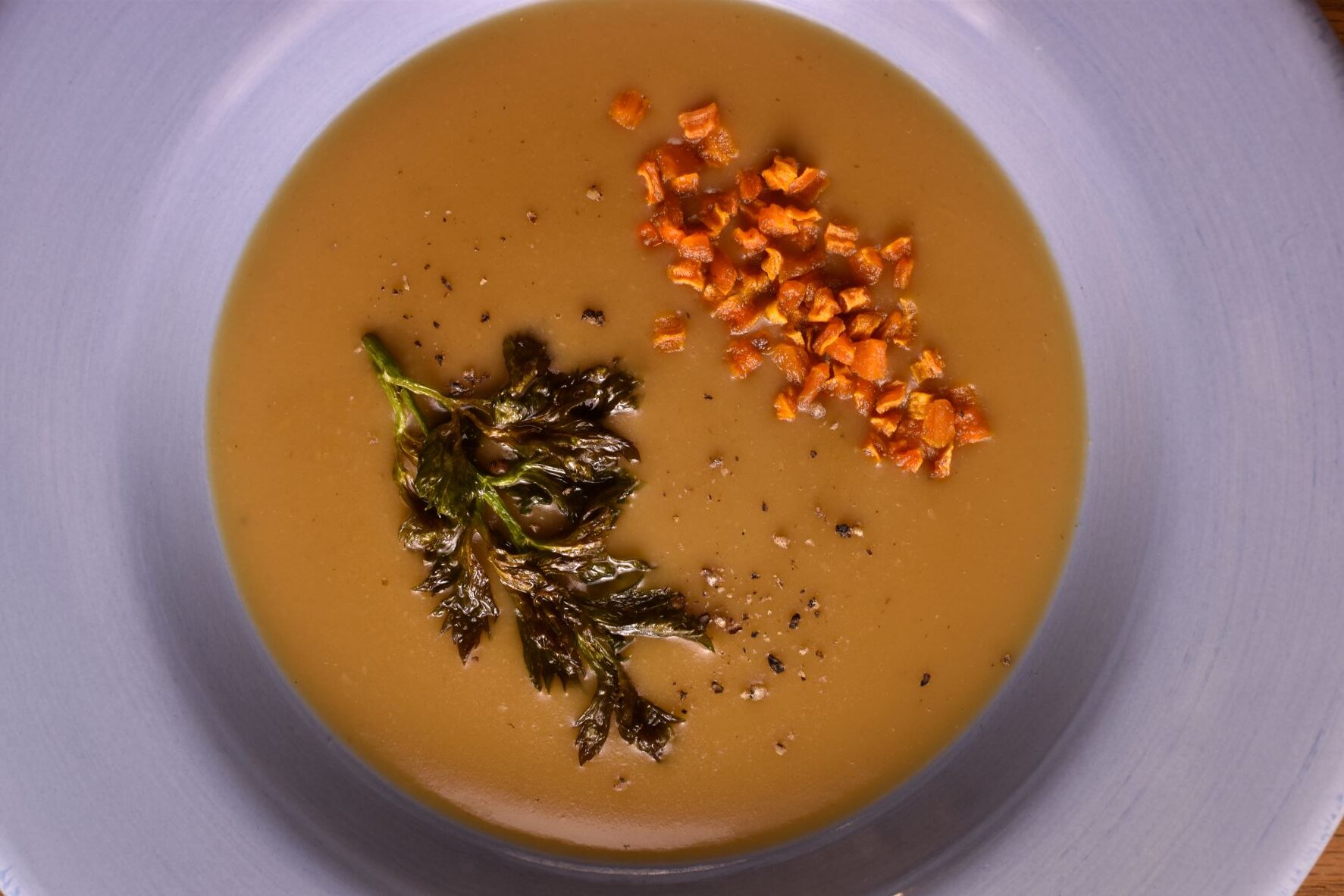 lentil cream with crunchy carrot and fried celery