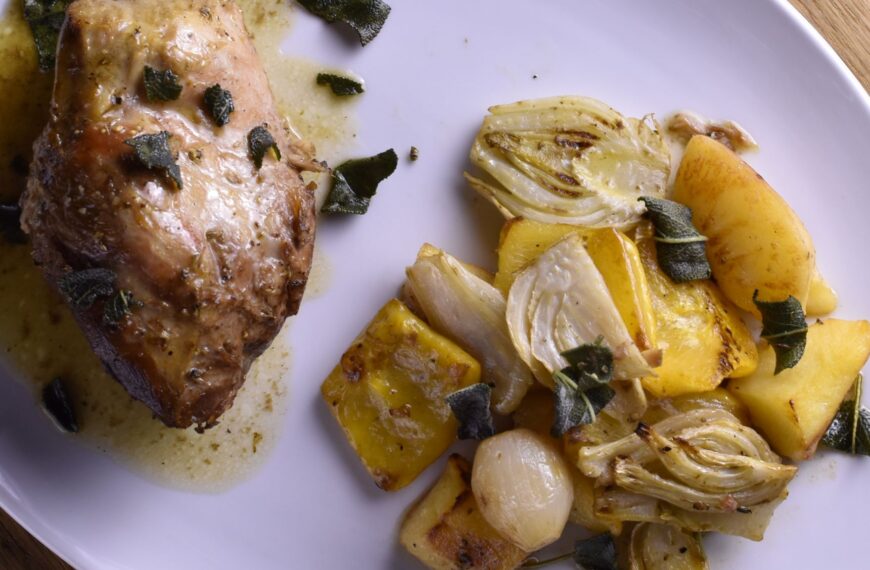 roasted pork with quince, squash and fennel