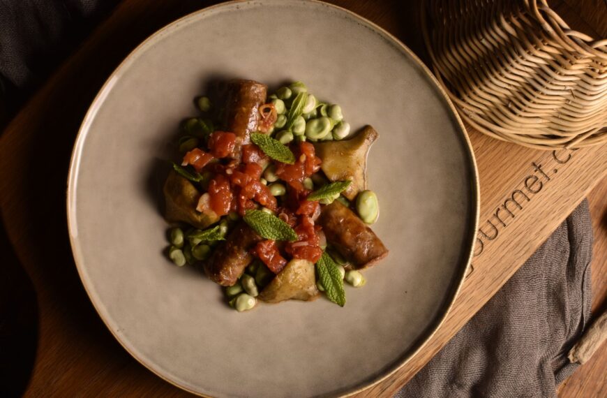 Artichokes, broad beans and sausages