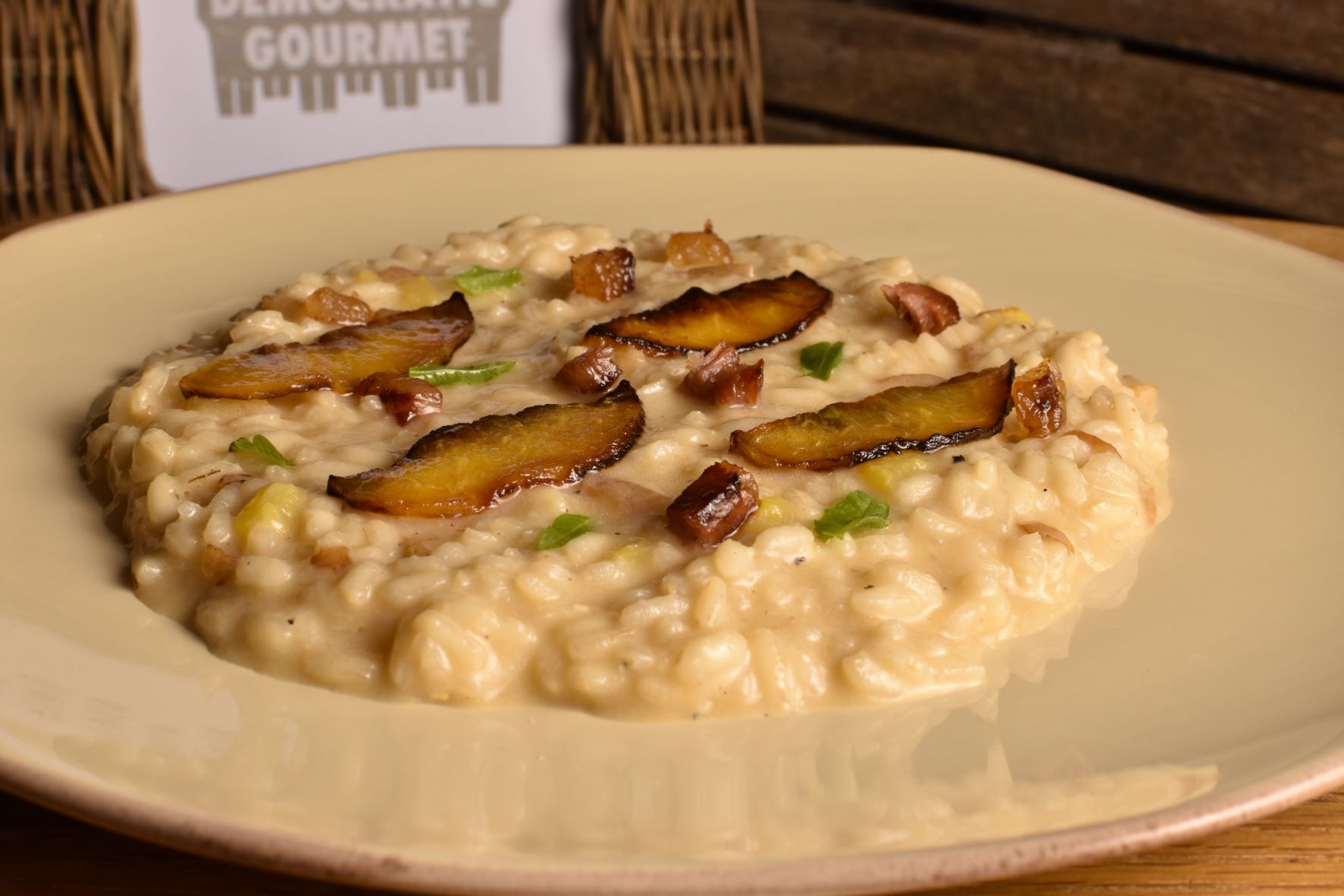 risotto with nectarines, guanciale and lemon verbena