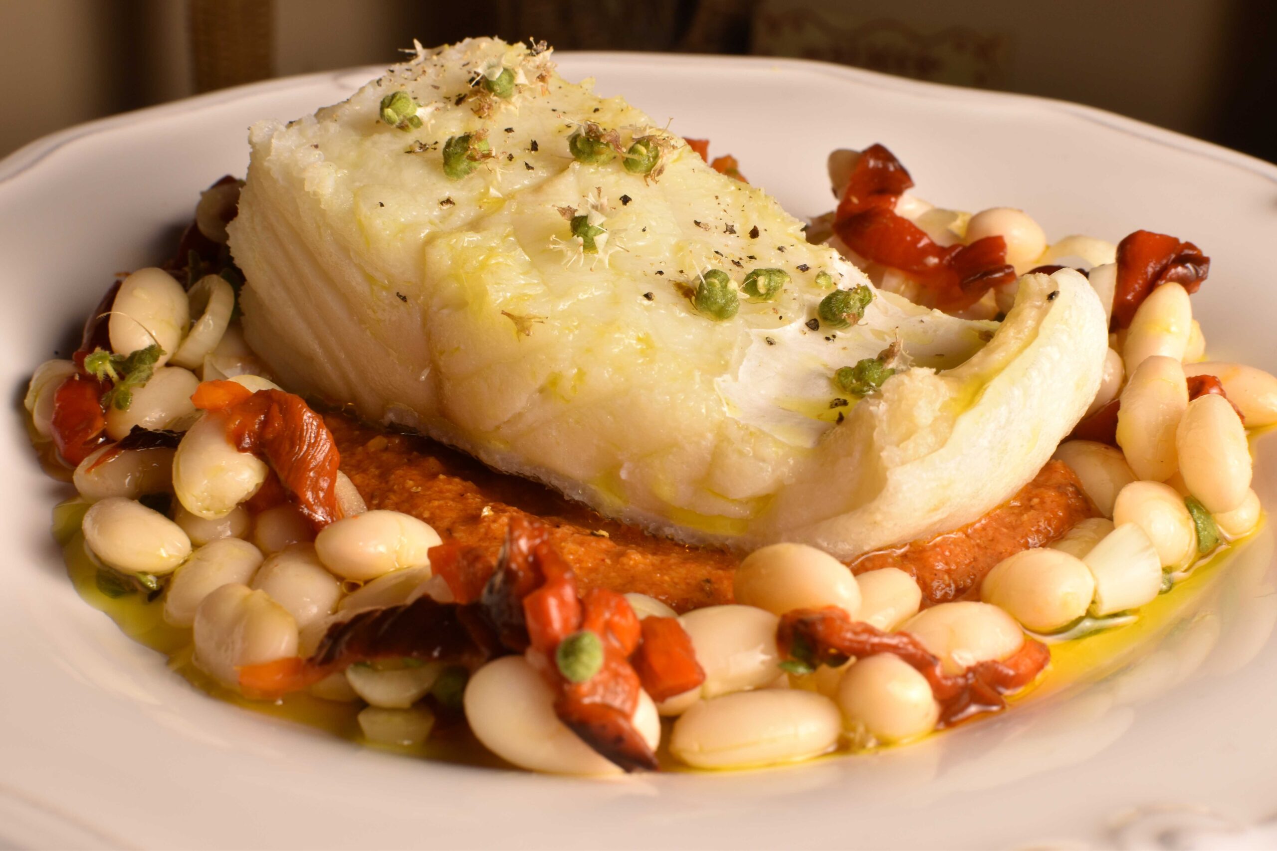 cod with romesco sauce and beans